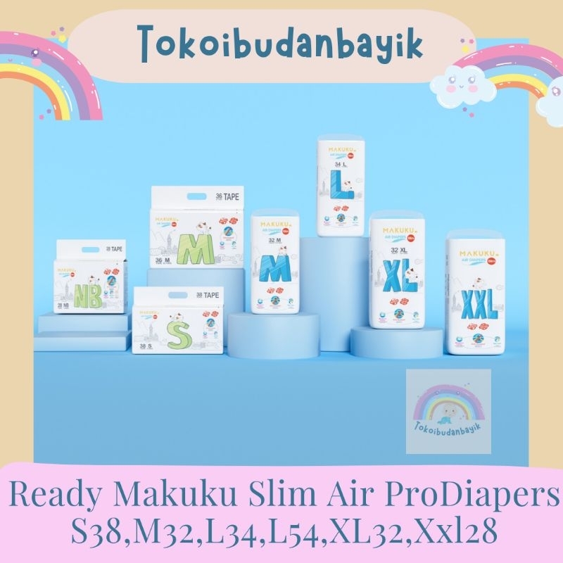 Ready Makuku Slim Air Diapers Pro S38,M32,L34,L54,XL32,XXL28  PACK BESAR/POPOK BAYI MAKUKU