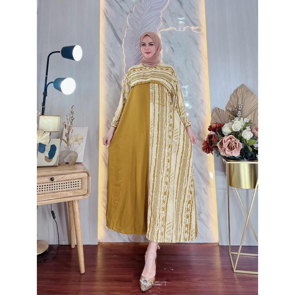 Gamis Rayon Ld 120 Terbaru Motif Viral Elegan Dan Trendy-Mustard Motif