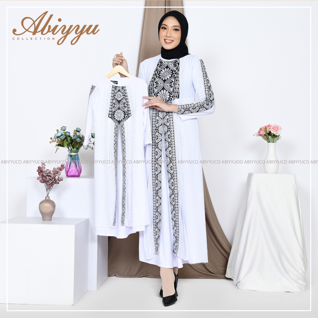 Abiyyuco GL1015V2 | Gamis Abaya Turki Couple Ibu Anak umur 4 sampai 13 tahun Ready Turkey Jumbo LD 125 Putih, Sage, Lavender