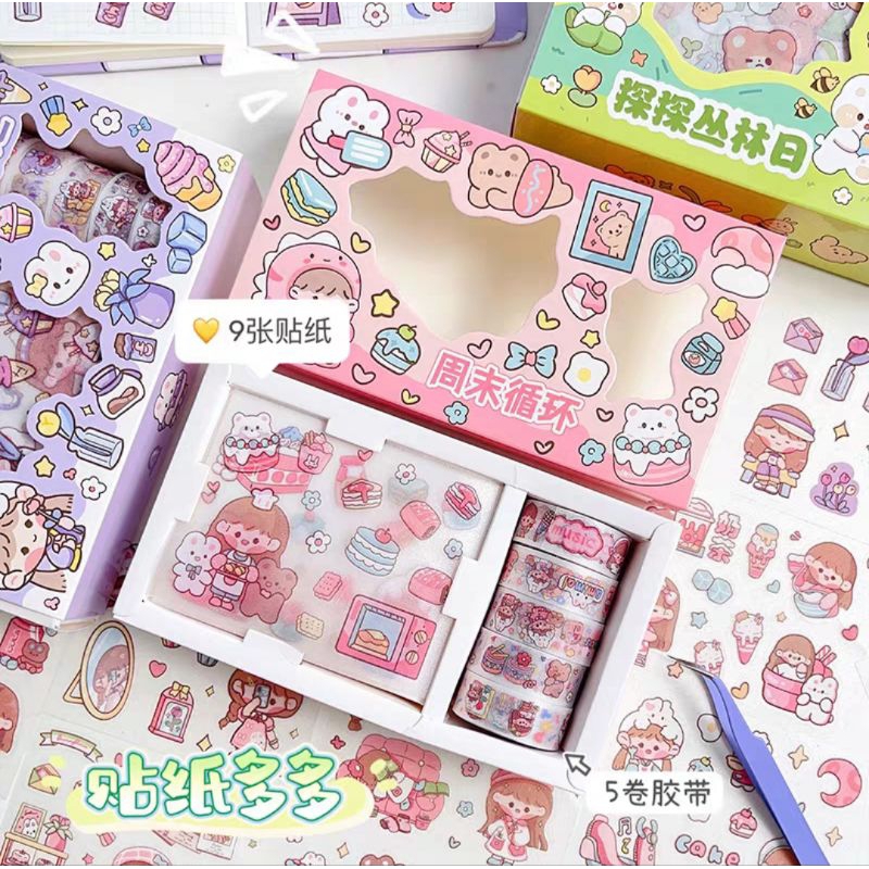 Stiker Box Momo [Stiker+Solatip] Motif Karakter Warna Cantik Whasi Sticker SET Momo Dekor Dairy Jurnal Sticker Pet Anak Lucu Dan Menarik