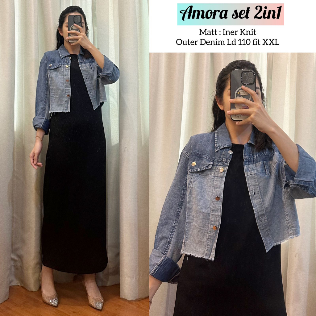 AMORA SET 2IN1 - INER ANYA KNIT OUTER JEANS DENIM AMORA