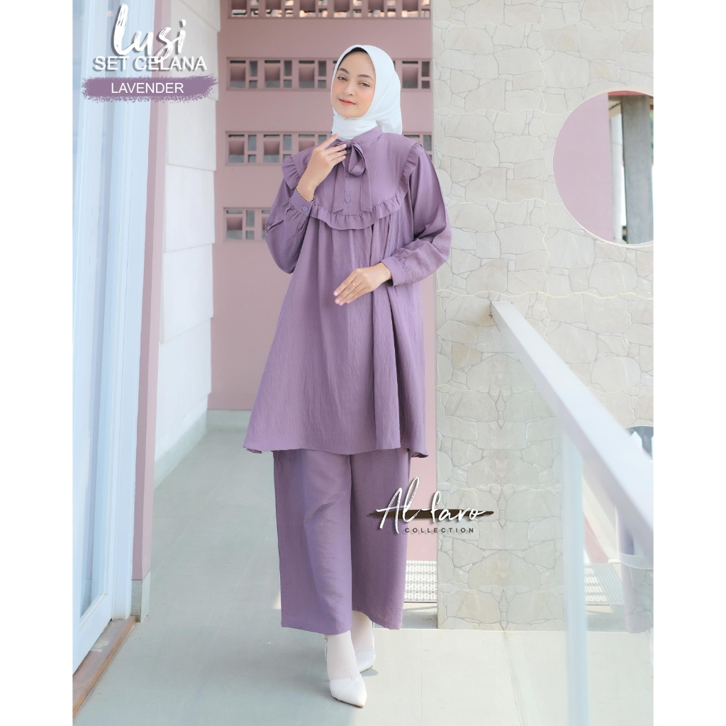 ONE SET CELANA POLO LINEN DYRA LUSI ORI ALFARO SETELAN TUNIK MODEL TERBARU OOTD WANITA HANGOUT STREET STYLE