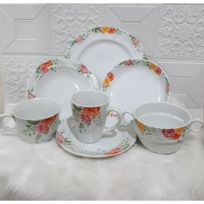 Piring Makan Keramik Cantik Motif Pink Flower Set 7 Pcs