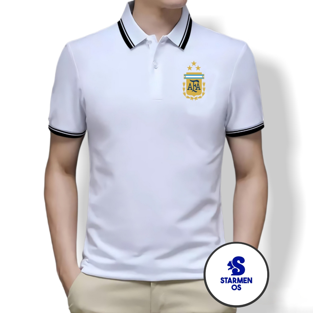 Kaos Polo Shirt Pria Kerah List Putih Logo ARGENTINA 3 STAR