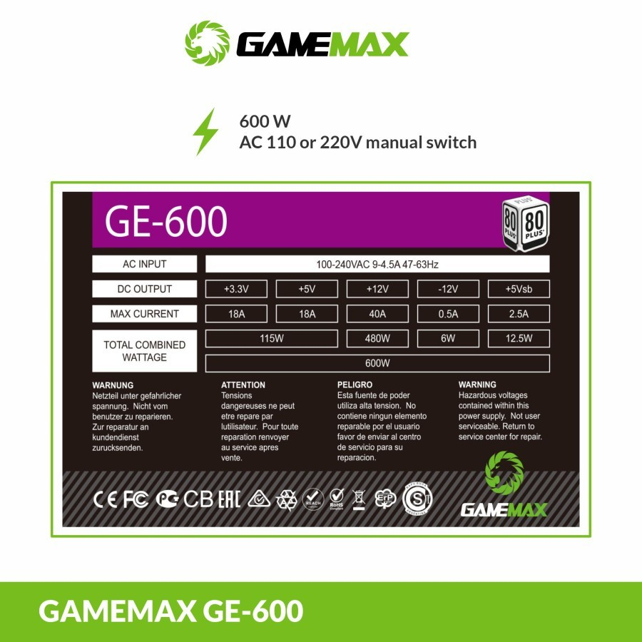 PSU Gamemax GE-600 80Plus Value Gaming - PSU 600Watt GE 600