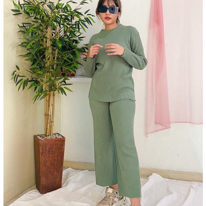 ONE SET celana kulot rajut+sweater bayoneta tangan balon