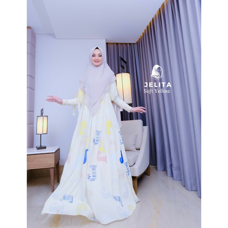 SET JELITA By JOZA ARINA GAMIS DRESS BUSUI KHIMAR SYARI KUNING SOFT YELLOW CREAM KREM