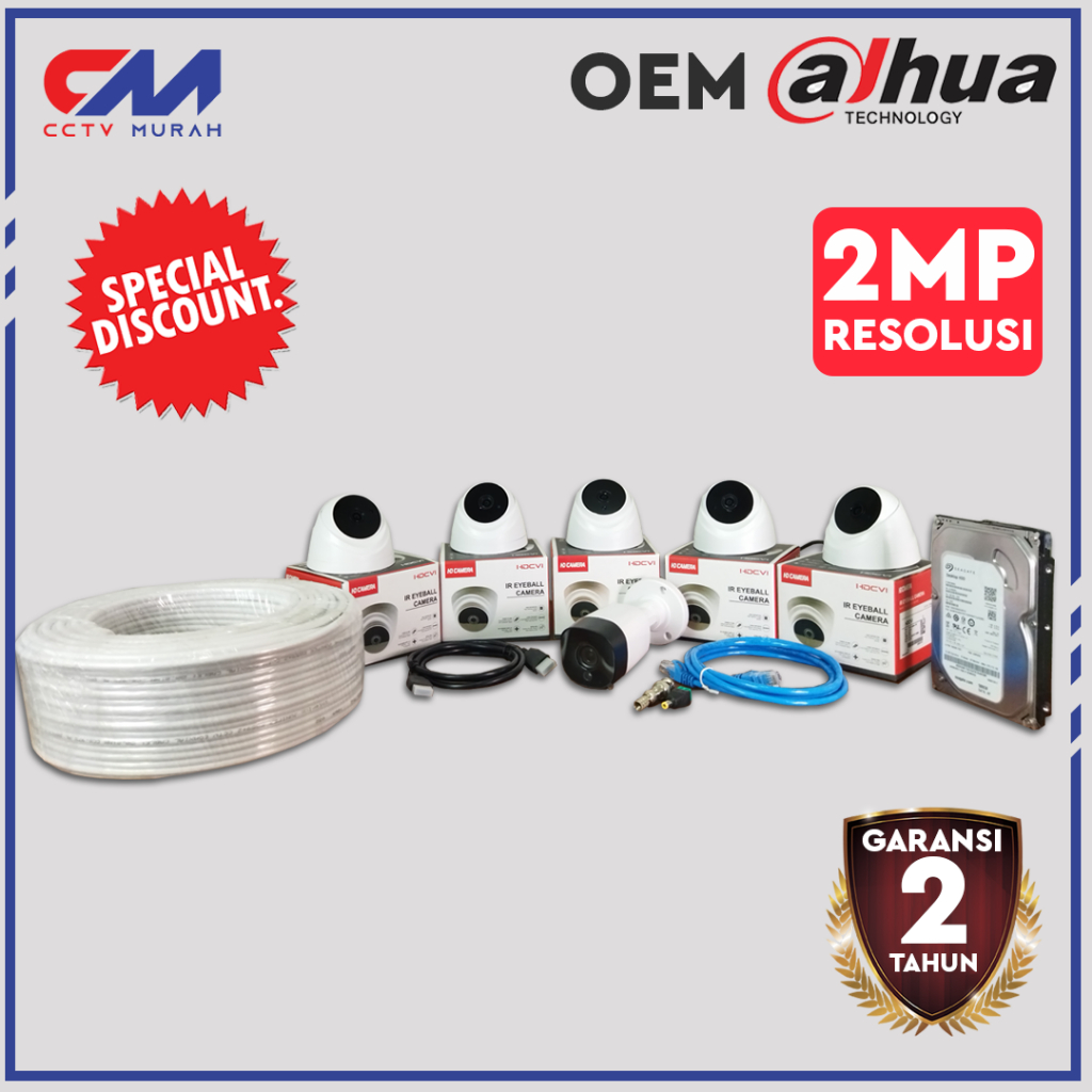 PAKET CAMERA CCTV LENGKAP XVR 8CH KAMERA 6 PCS SIAP PAKAI + KABEL 50M+ HDD 1TB GARANSI 2 TAHUN