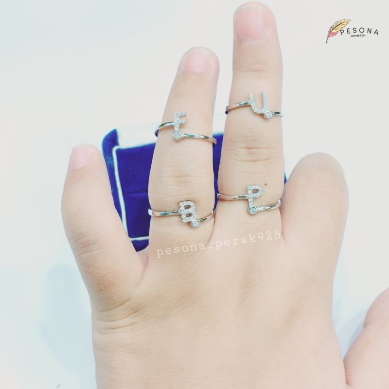 Cincin Perak Asli Silver Wanita 925 Lapis Emas Putih Asli Model Nagita, Cincin Huruf  Alfabet Inisia