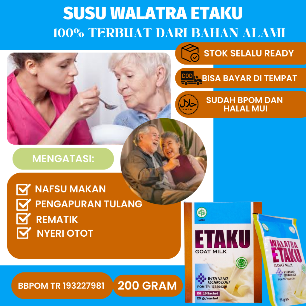 

Susu Untuk Lansia, Lansia Susah Makan, Nafsu Makan Kurang, nyeri otot, untuk tulang dan sendi lansia, rematik, Pengganti Makanan Etaku goat milk susu