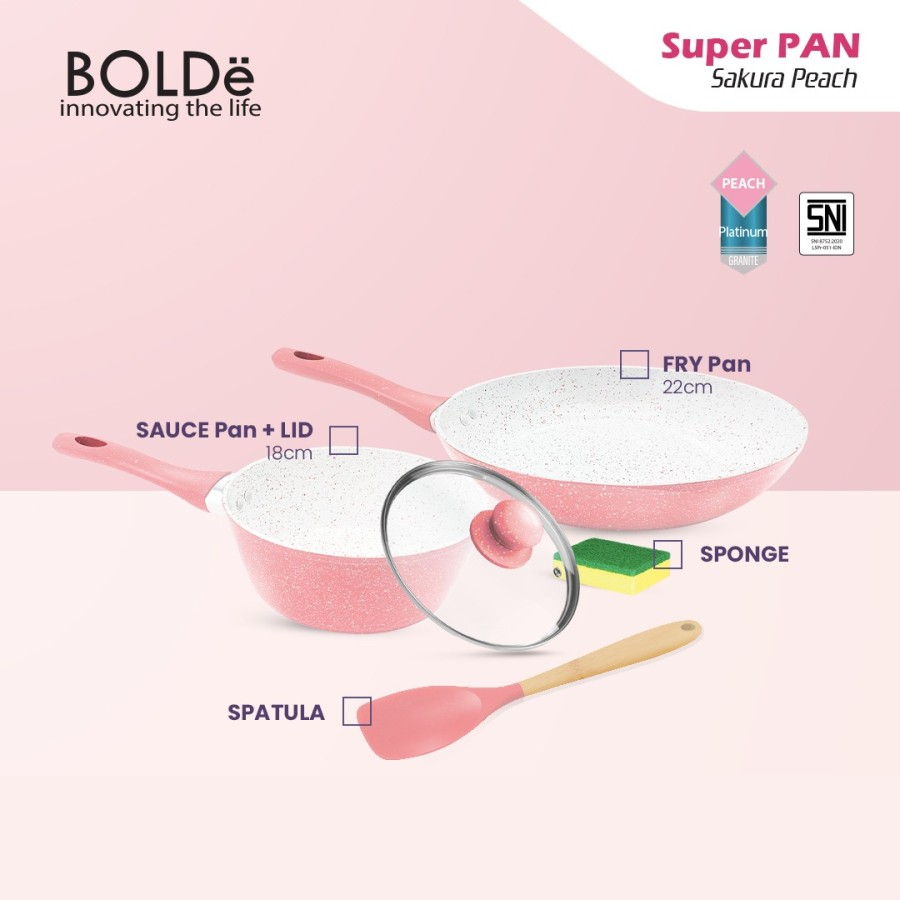 BOLDe SAKURA PEACH PAN SET 5 PCS - Panci Set Granite Coating Anti Lengket SNI