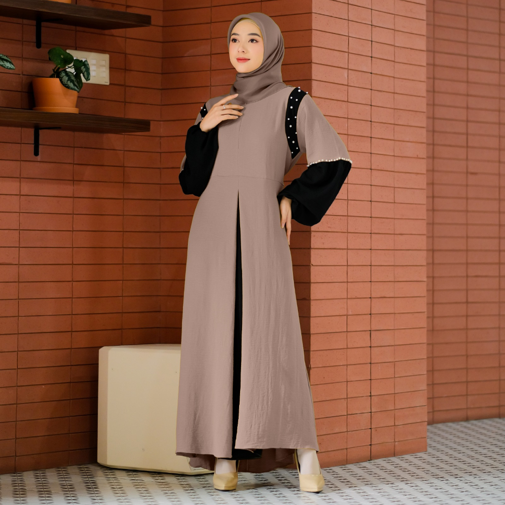 Demore Maxy Bella Gamis Kasual Kondangan Dress Wanita Muslim Crincle Airflow Polos Aplikasi Mutiara Tembak Busui Friendly