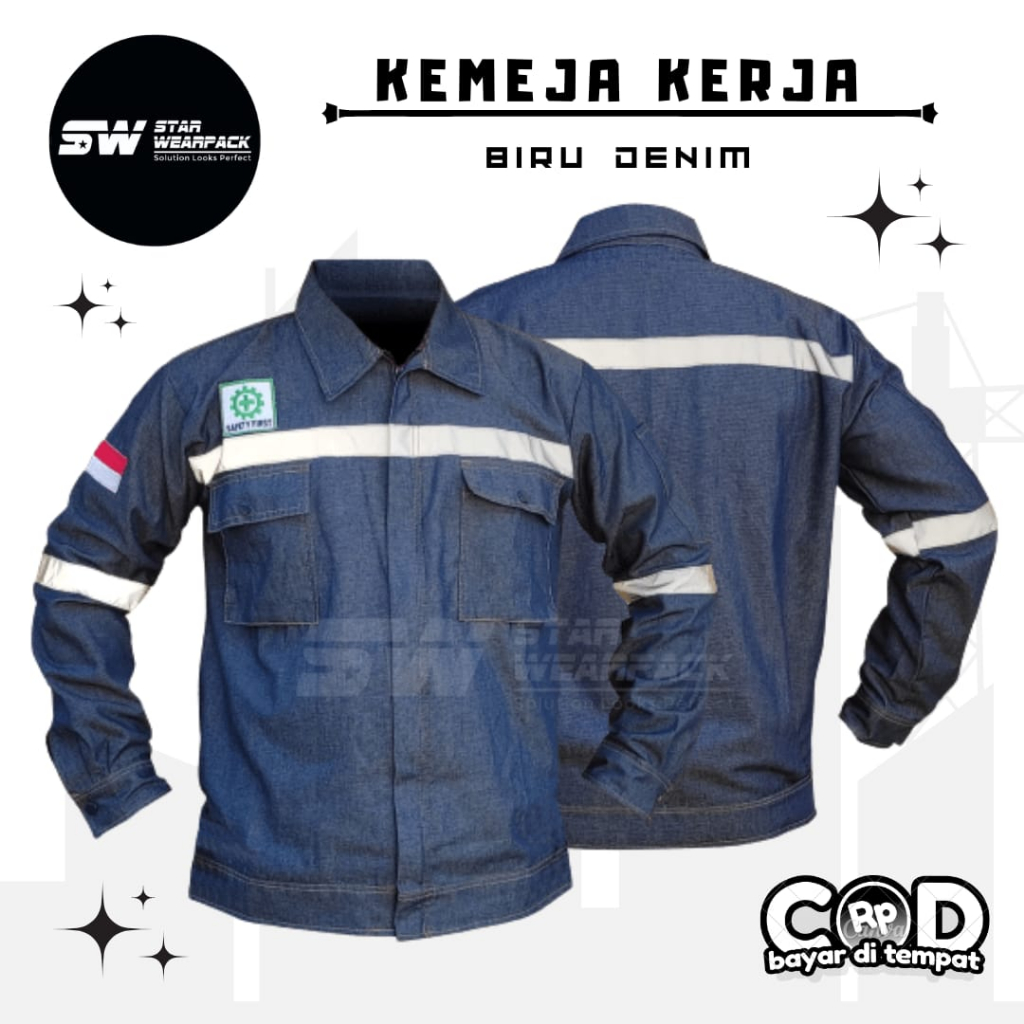 Star Wearpack - Baju Kerja Proyek Kemeja Atasan Warna Biru Tua Denim Lengan Panjang