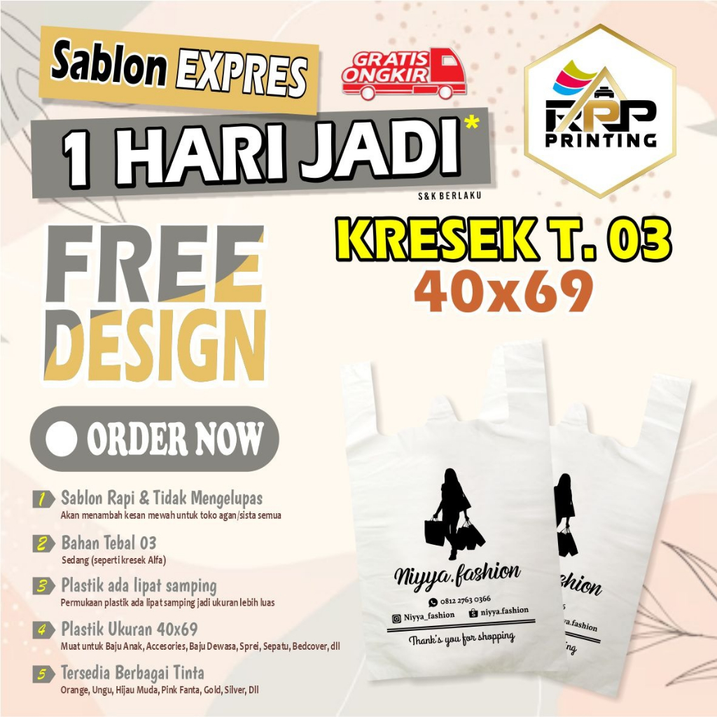 PLASTIK SABLON Kresek 40x69 Tebal 03 Custom FREE DESAIN bisa COD Kantong Kresek Sablon Plastik Murah