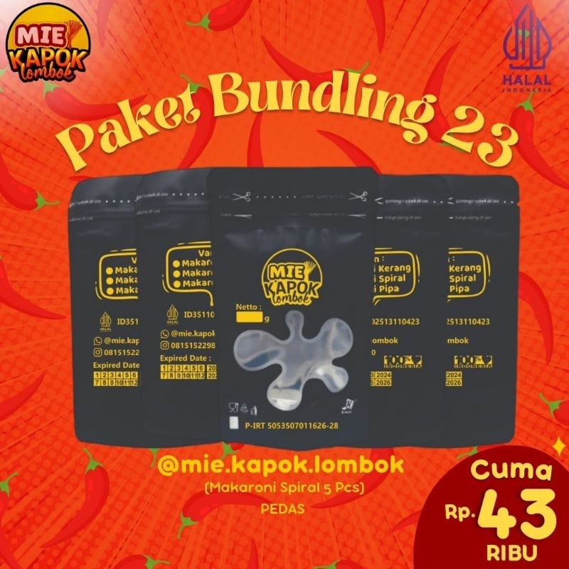 

Paket Bundling 23 Mie Kapok Lombok (Makaroni Spiral 5 Pcs) Pedas Biasa dan Pedas Mantap.