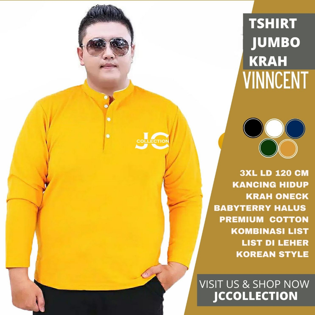 Tshirt Kaos Pria Jumbo 3XL / Kaos Lengan Panjang Pria Variasi Kancing Fincent / Kaos Jumbo Cowok 3XL - JCCollection