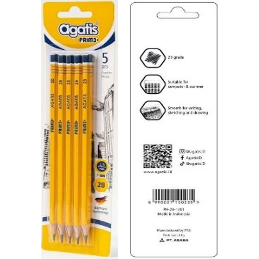 AGATIS PRIME WOOD HEXAGONAL GRAPHITE PENCIL 2B YELLOW  BODY COLOR in BLISTER CARD SET 5 PIECES