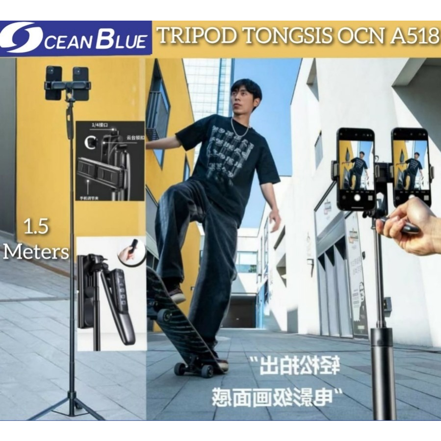 Ocean Blue OCN A518 Tongsis Tripod Gimbal Stabilizer Remote Bluetooth Shutter Adjustable Selfie Stick 360° Stand HP Tongkat Selfie