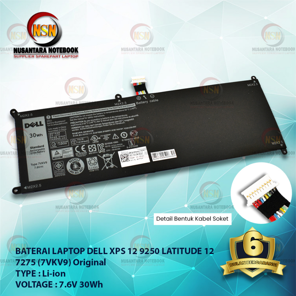 Baterai Dell ORI Latitude XPS 12 7275 9250 7VKV9 7.6V 30Wh