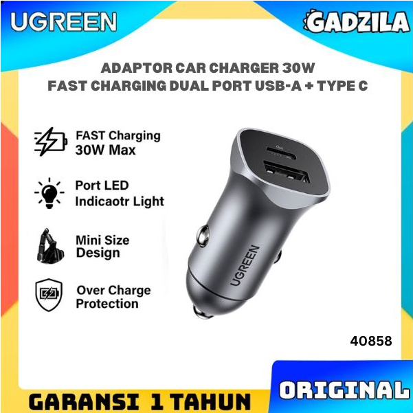 UGREEN Kepala Adaptor Saver Car Charger Cas Mobil 30W USB + Type C QC 4.0 PD 3.0 Super Fast Charging 25W Multi Protection 40858