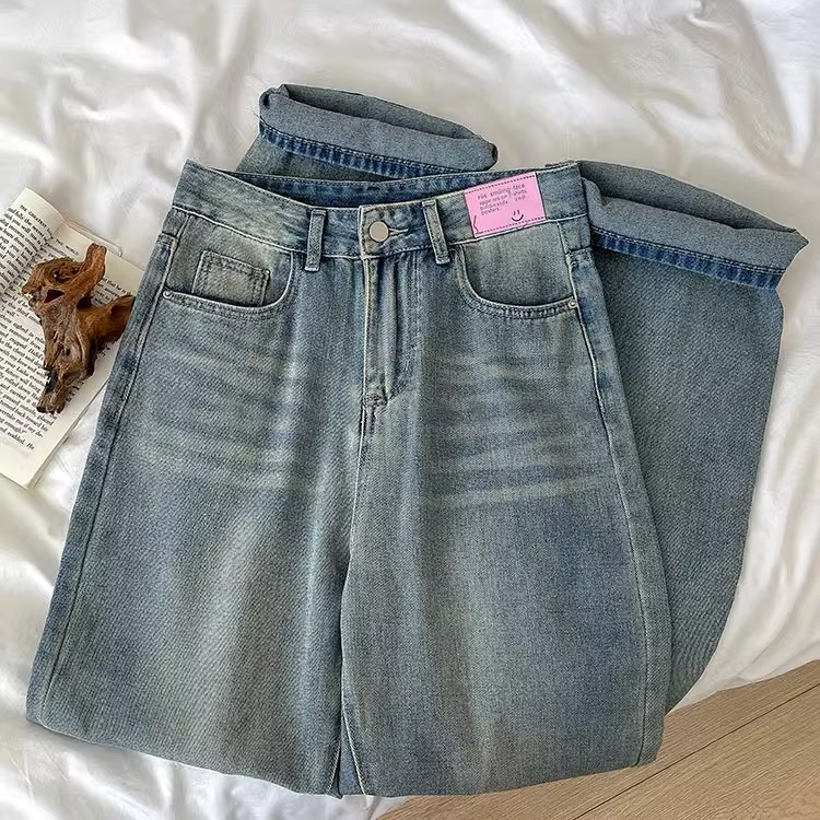 Celana Jeans Wanita Korea Retro Biru Tua High Waist Terbaru