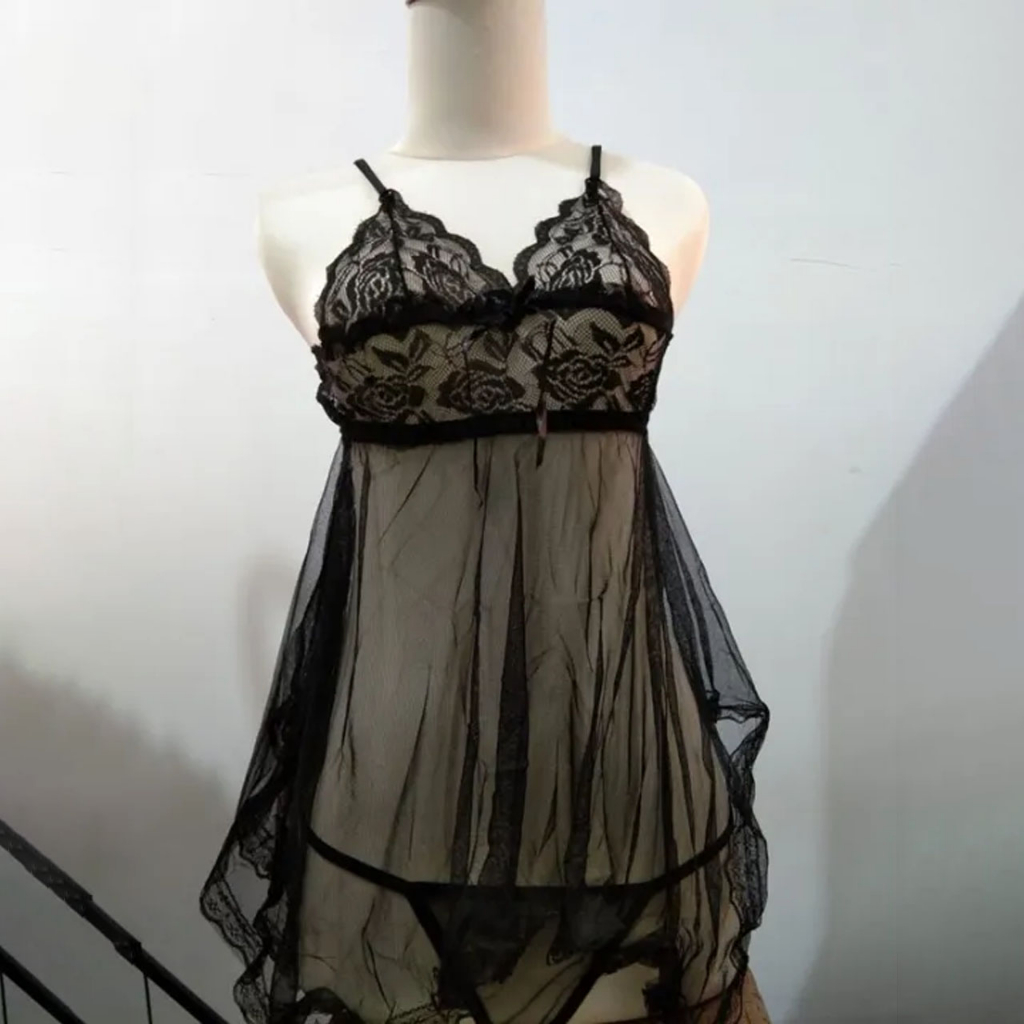 Ready JKT - Pakaian Lingerie Sexy V-Neck Model Renda Serat Mesh Eksotis / G String Bra Set Dres