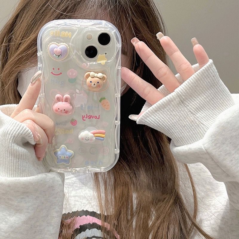 [TPC] IPHONE Case Transparant Wave Bear Bunny Cute Case COVER IPHONE 7 8 PLUS X XS MAX XR 11 12 13 14 PLUS PRO MAX HP - IP092