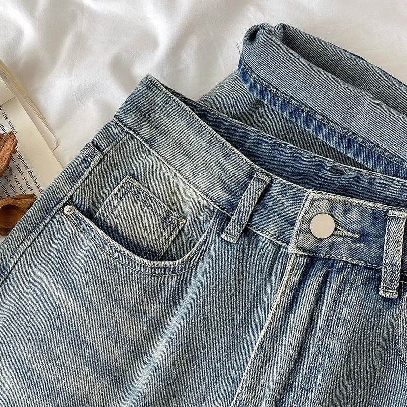 Celana Jeans Wanita Korea Retro Biru Tua High Waist Terbaru