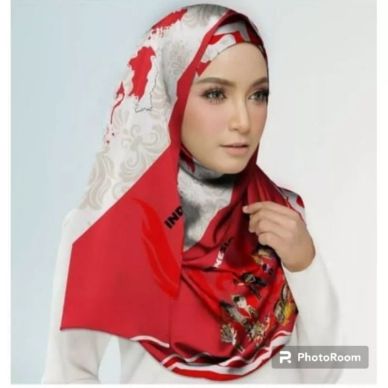 JILBAB SEGIEMPAT MERAH PUTIH BENDERA KEYZ SCARVES VOAL MOTIF BANI JURNEY ABTRAX BUNGA ANGKREK