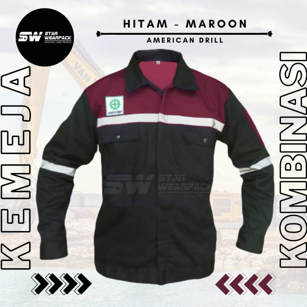 Star Wearpack - Baju Seragam Proyek Lengan Panjang Warna  Hitam Kombinasi Maroon Lengan Panjang Include K3 &amp; Bendera