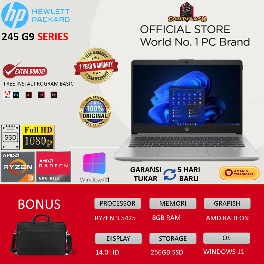 LAPTOP HP 245 G9 RYZEN 3 5425 8GB 256SSD RADEON WINDOWS 11 14.0 SLIM BEZEL