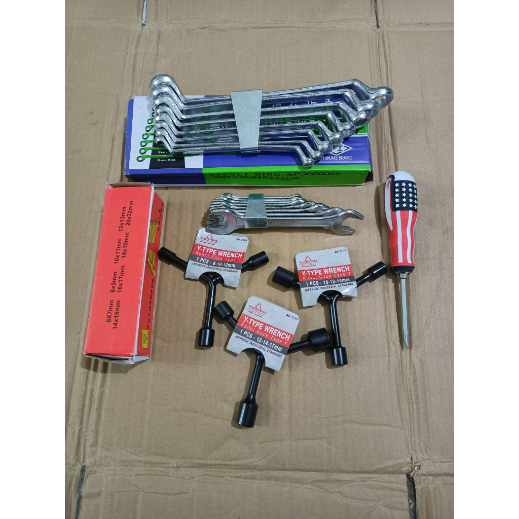 PAKET KUNCI RING KUNCI PAS SET Double Ring 8 PCS + KUNCI Y 8X10X12 MM + OBENG BOLAK BALIK