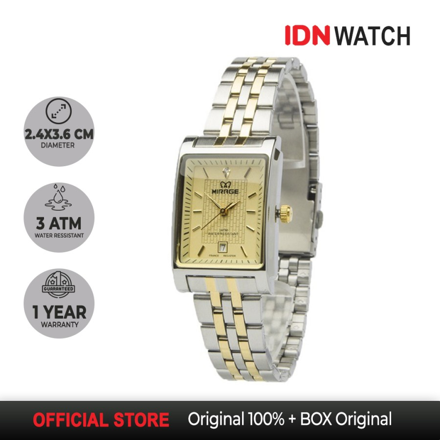 Jam Tangan Mirage Wanita Elegant Mewah Segi 8667L Kombinasi Silver Gold Anti Karat