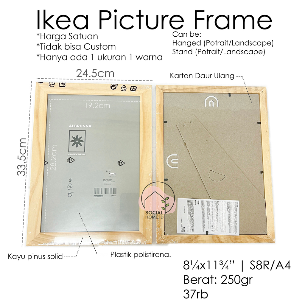 Ikea Bingkai Picture Foto Frame Albrunna, Kayu Pinus, 21x30, A4, S8R | 4 x 6", 4x6", 4" x 6" | 5X7",