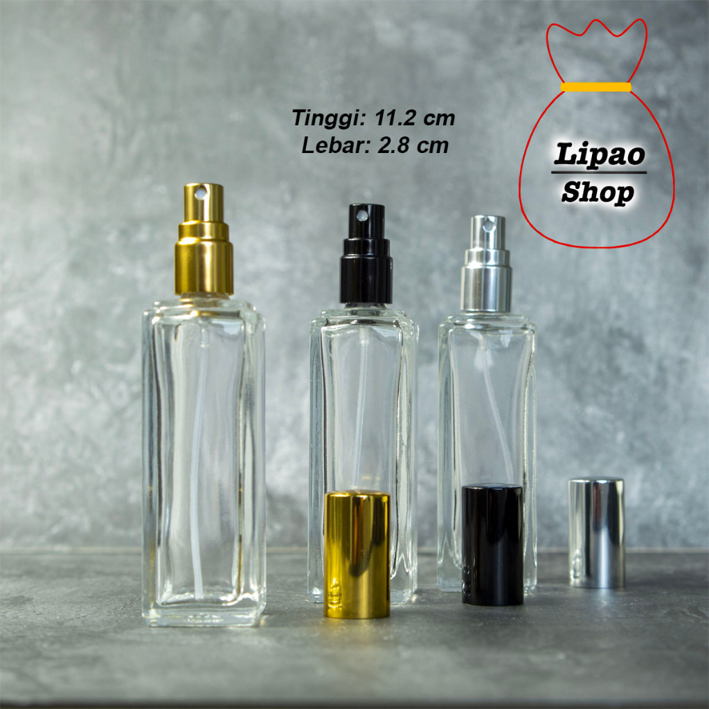 Botol Spray 30ml Kaca Tebal Kotak Persegi - Refillable Drat / Ulir Tutup Metal Aluminium Travel Size