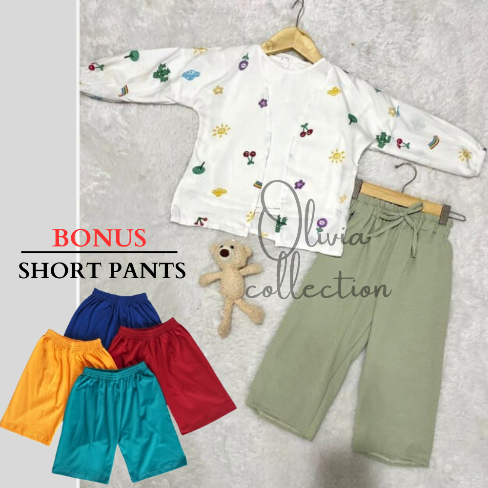 GRATIS SHORT PANTS / ONE SET OUTER KIYOWO + KULOT CRINKLE | SET KIYOWO ANAK PEREMPUAN // SET CARDIGA