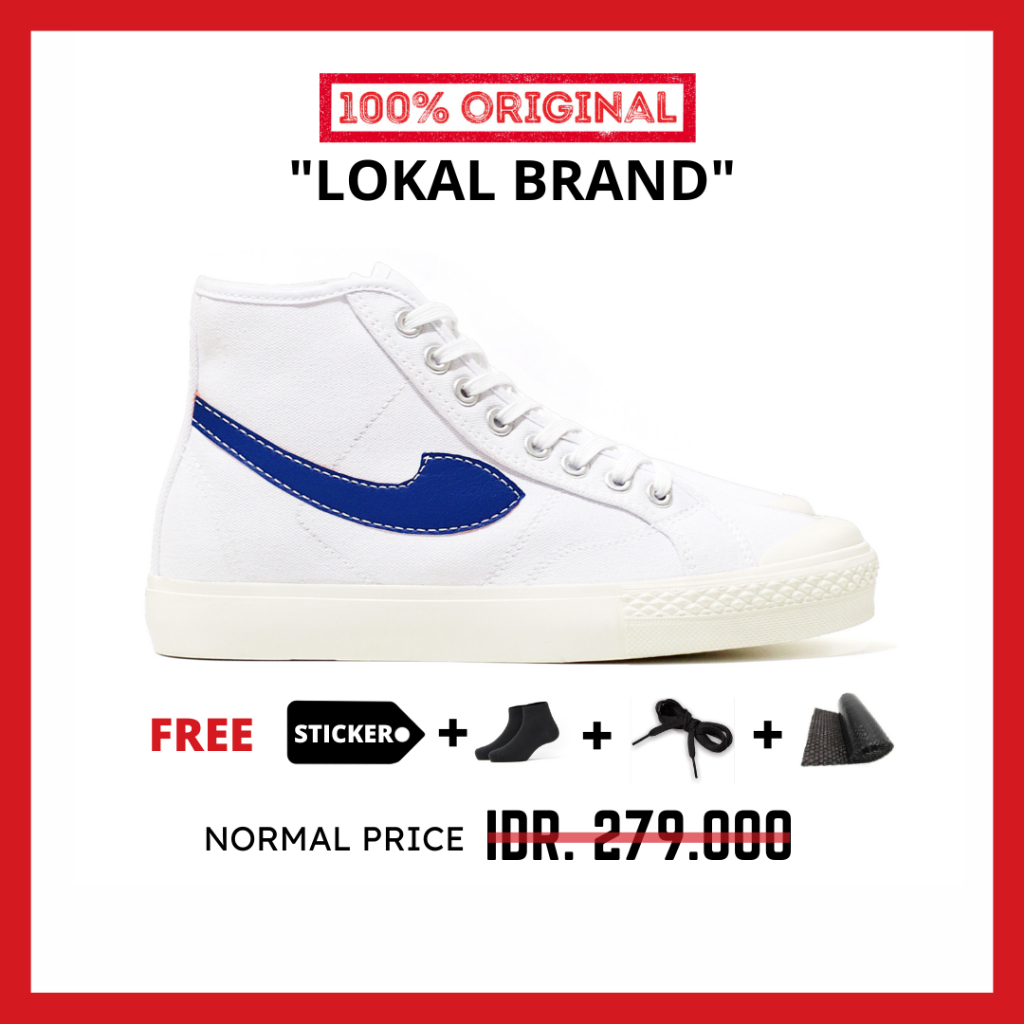 ORIGINAL - Sepatu Brand Lokal Kasual Pria Wanita No Brand White Blue Hi Not Sneakers Compass Gazelle Putih Biru Tinggi