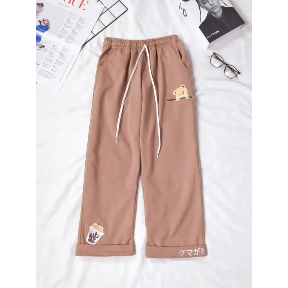 Celana Kulot Wanita Bear Bordir Lucu Terbaru Jogger H&amp;M Cewek Celana Panjang Anak Remaja Dewasa Kekinian Korean Style Fleece