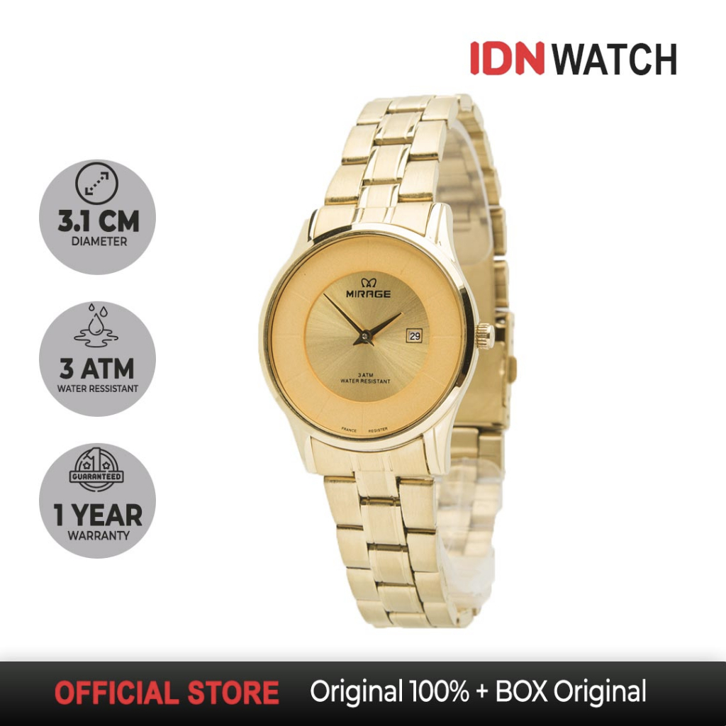 Jam Tangan Mirage Wanita Original Gold Emas 8670L Jam Tipis Fitur Tanggal Aktif