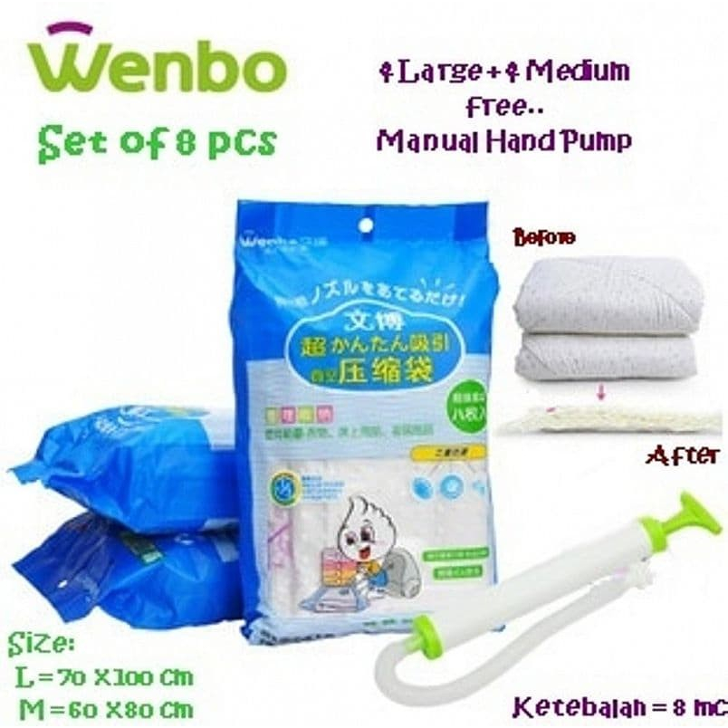 Wenbo Vacuum Bag Set 8 Vacum Bag Vakum Plastik Kantong Penyimpan Pakaian Storage Tas Plastik Unik Ba