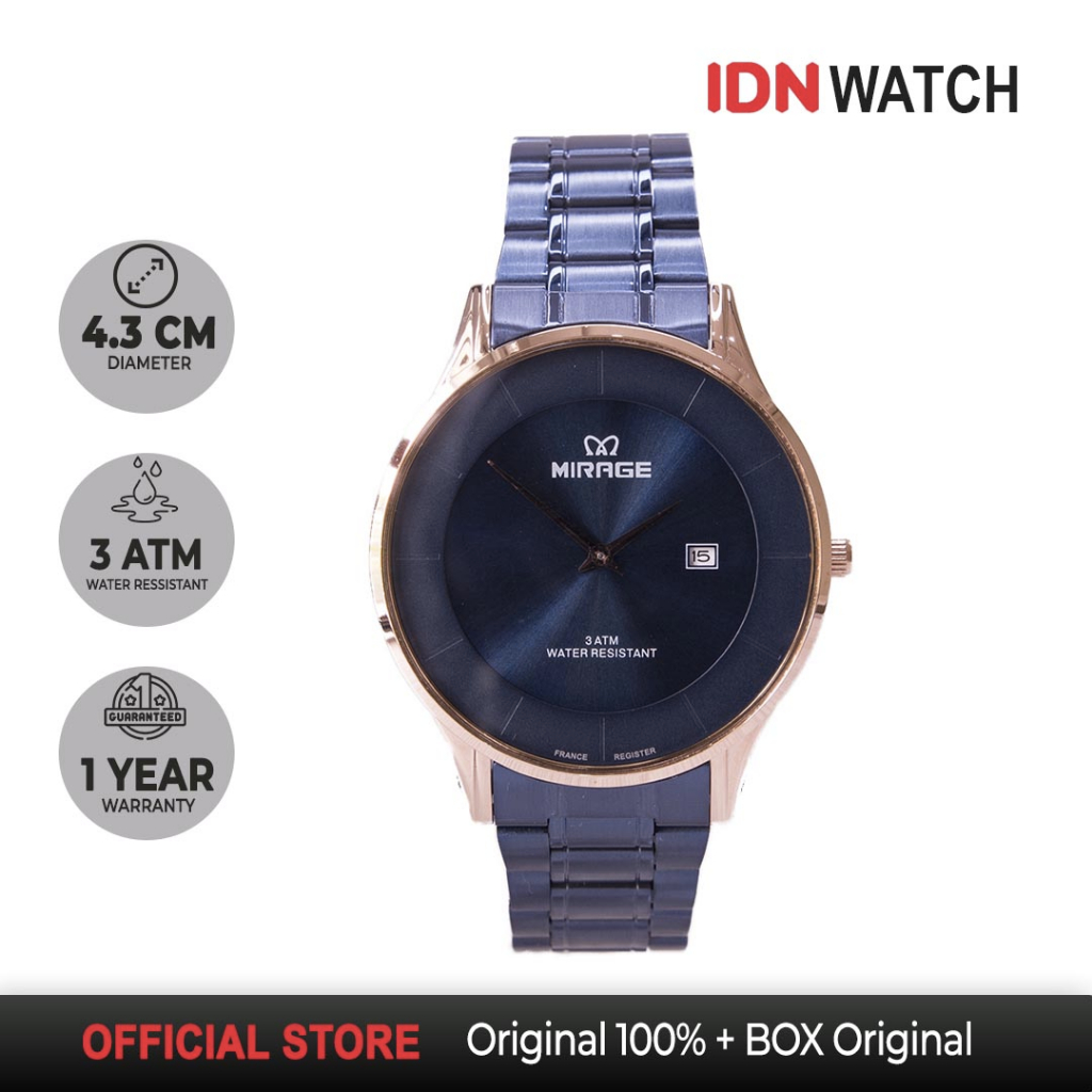 Jam Tangan Mirage Pria Elegant Mewah Tipis Original Anti Karat 8670M Biru Navy Rosegold