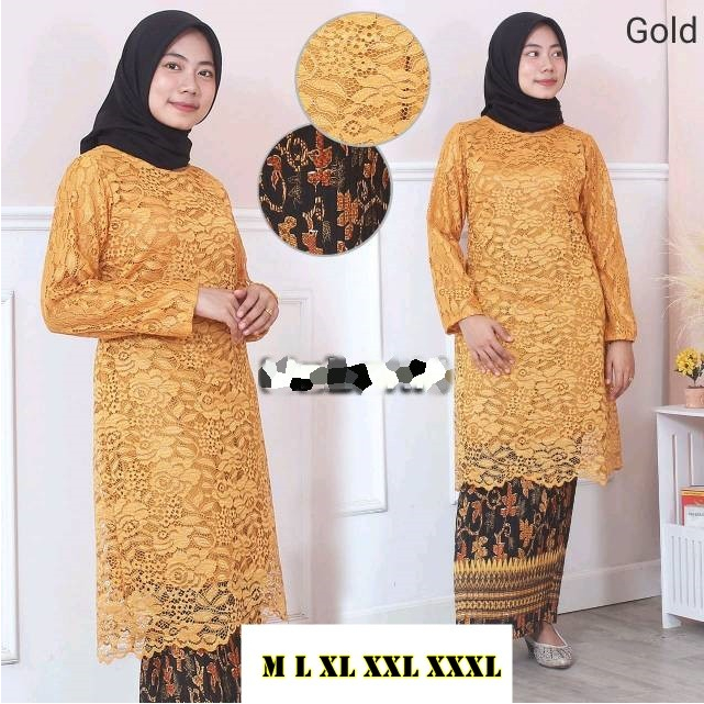 Setelan Terbaru Kebaya Brukat Kurung Tunik Gold