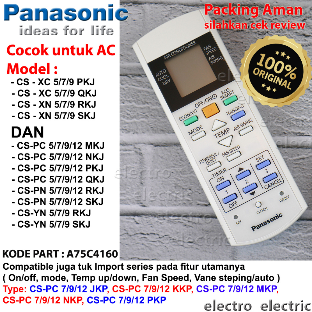 Remote AC Split Panasonic  CS-XN 5/7/9 SKJ  CS-XN 5/7/9 RKJ CS-XC 5/7/9 QKJ CS-XC 5/7/9 PKJ