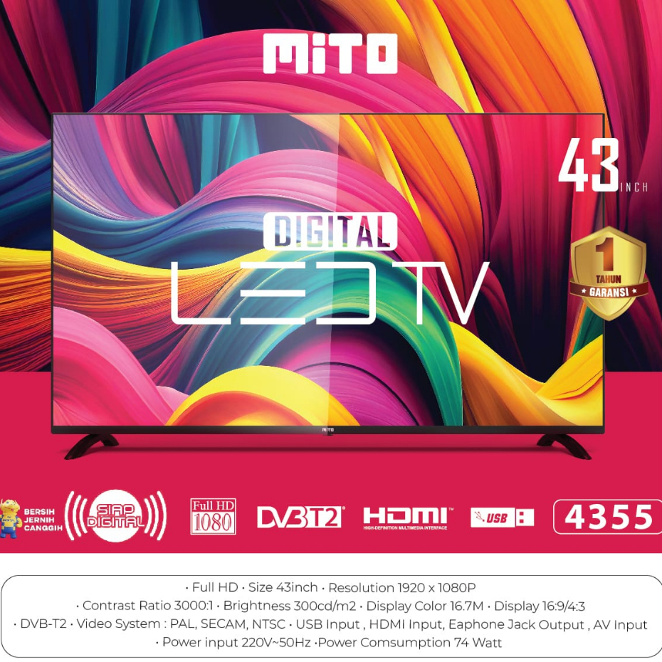 MITO MITOCHIBA LED TV DIGITAL 4355 DTV 43 INCH GARANSI RESMI 1 TAHUN
