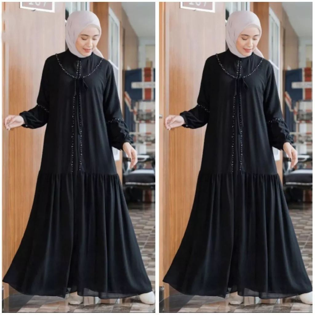 Gamis Dress Ceruty Velia Maxy Fashion Muslim Matt Ceruty Babydoll Full Furing Aplikasi Mutiara Gamis Layer Sage Elegan Kekinian Pakaian Muslim Wanita Gamis Dress