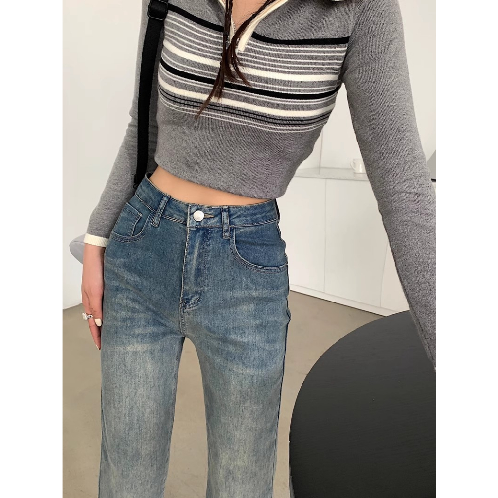 High Waist Jeans Dress Korean Style Raw Loose Celana Jeans Wanita