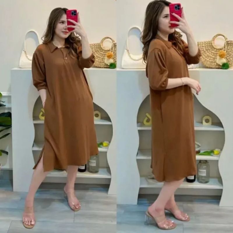 MIDI dress Syakila crinkle airflow | daster busui kancing polos wanita