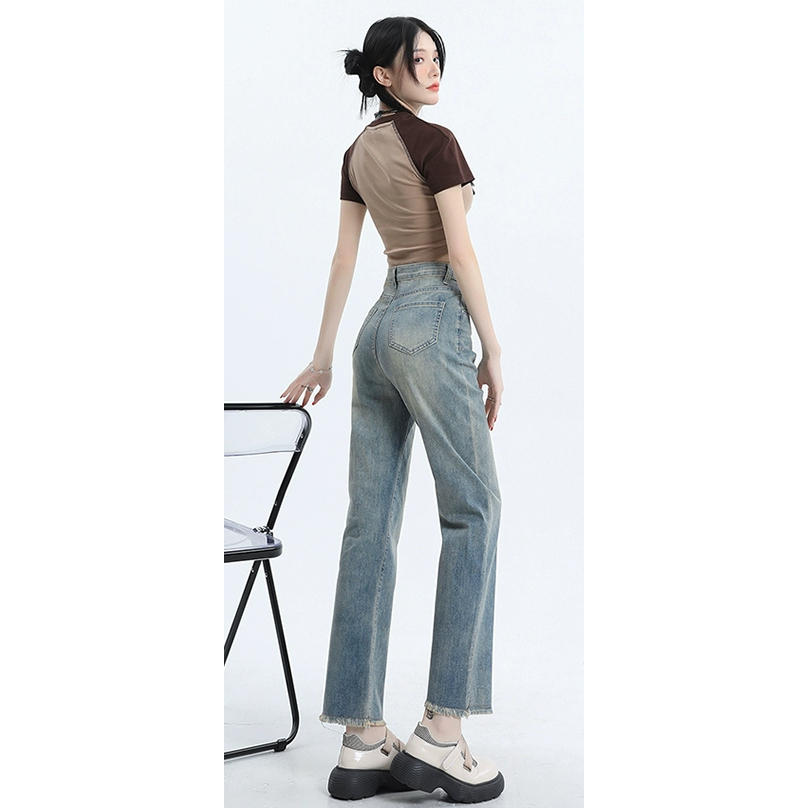 XIAOZHAINV Korean Style Celana Jeans Wanita/ Straight High Waist Pants Biru Muda 0789