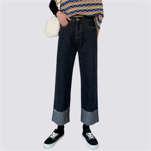 XIAOZHAINV Korean Style Celana Jeans Wanita/ Straight Loose Rolled-hem Pants High Waist 0790