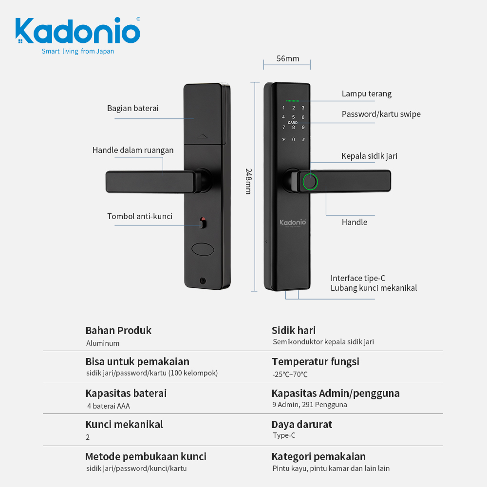 Kadonio kunci pintu digital kunci pintu sidik jari Smart Lock Digital Sliding Door with Handle kunci pintu elektrik